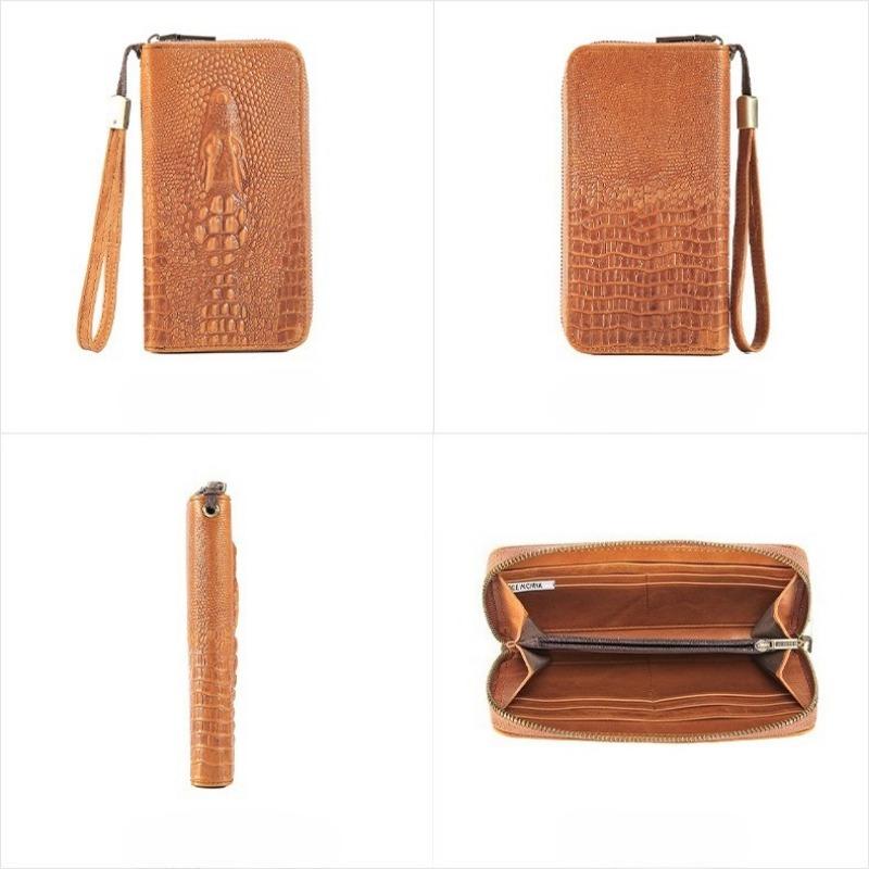 Vintage Crocodile Embossed Leather Long Wallet for Men, Retro Large Capacity Zipper Clutch Bag with Wrist Strap for Travel