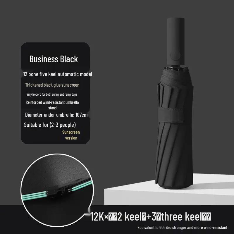 24-ribbad automatisk förstärkt svart lim vikbar paraply - Solskydd & Regnskydd
