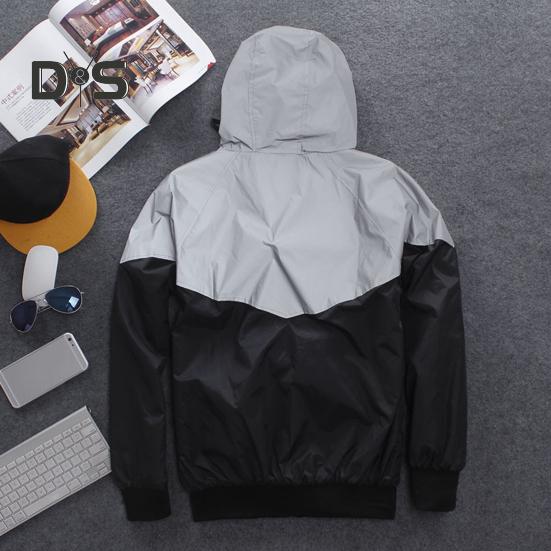 Men Autumn Windbreaker Hooded Drawstring Long Sleeve Reflective Color-Blocked Jacket Coat Zipper Placket Pockets Street Style Outwear