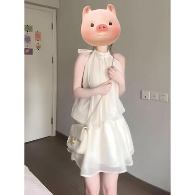 Summer New Temperament Apricot Sleeveless Neck Dress Casual Women Small Seaside Vacation Skirt