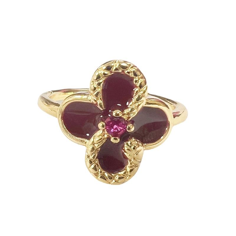 Ankara Red Oil-Dripping Serpentine Four-Leaf Clover Open Ring Sweet Ring Women'S Fashion High-End Accessories