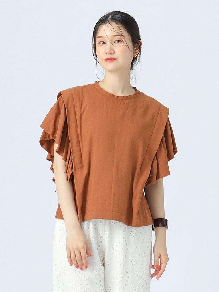 Beams Heart Twill Gauze Frill Sleeve One Size Women's S/S Blouse, Brown,