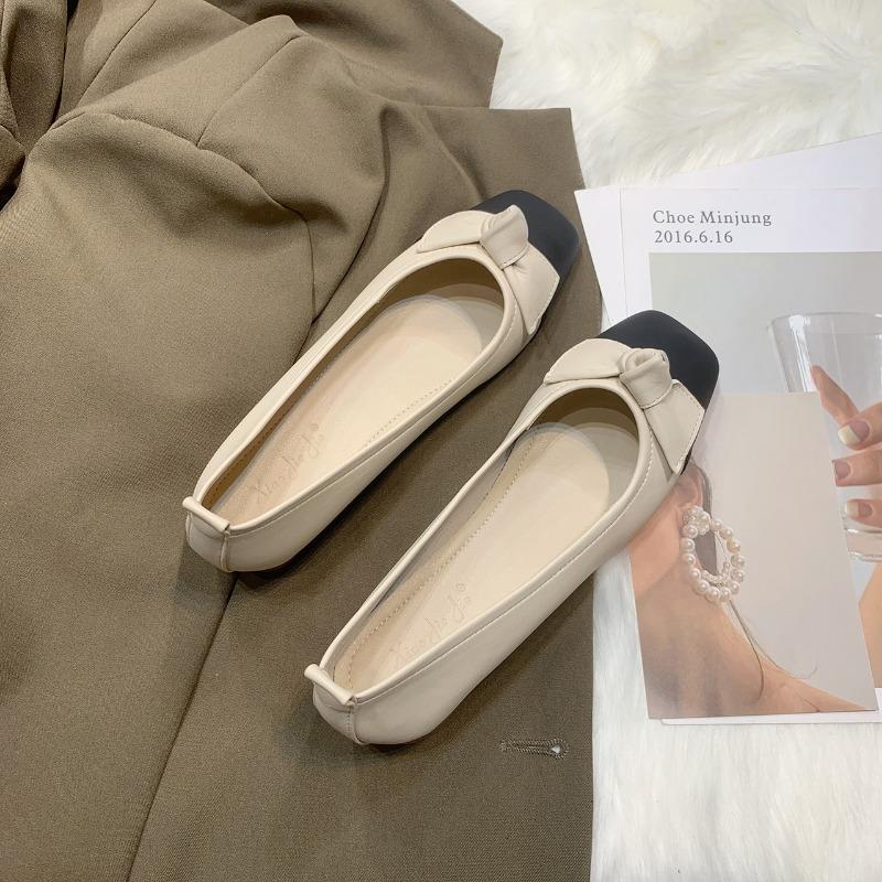 Fashion Women's Thick Heel Single Shoes Autumn New Square Head Light Mouth Matching Color Butterfly Knot Non-slip Low Top Shoes