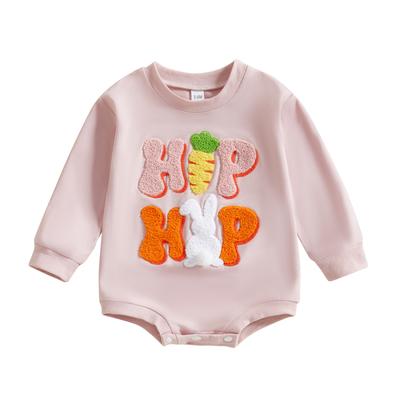 Baby Girls Romper, Long Sleeve Crew Neck Embroidery Carrot Rabbits Letters Fall Bodysuit Easter Clothes