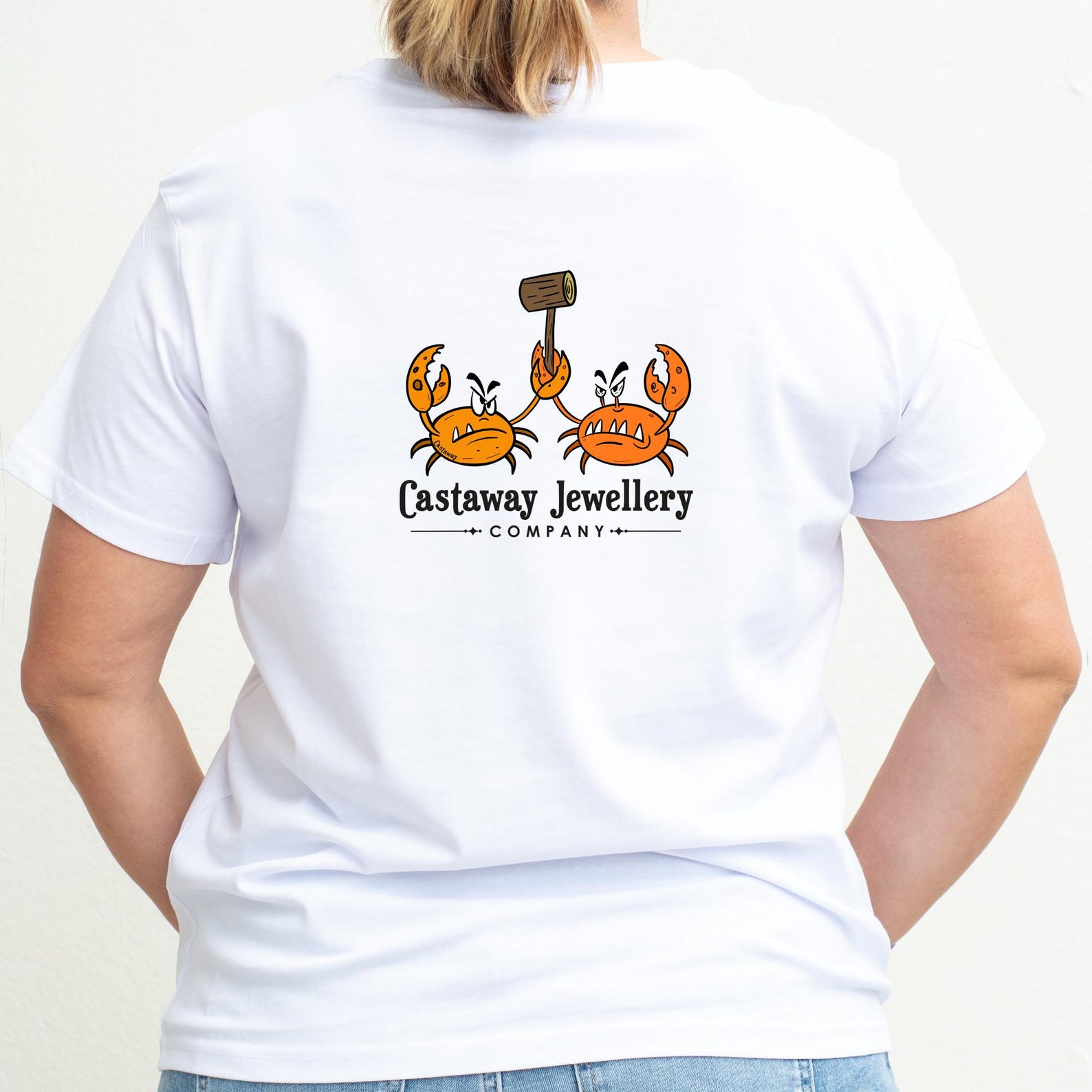 Ladies Crab Fight Club Tee Shirt White - Two Crabs Having A Wack At One Another With A Mallet L