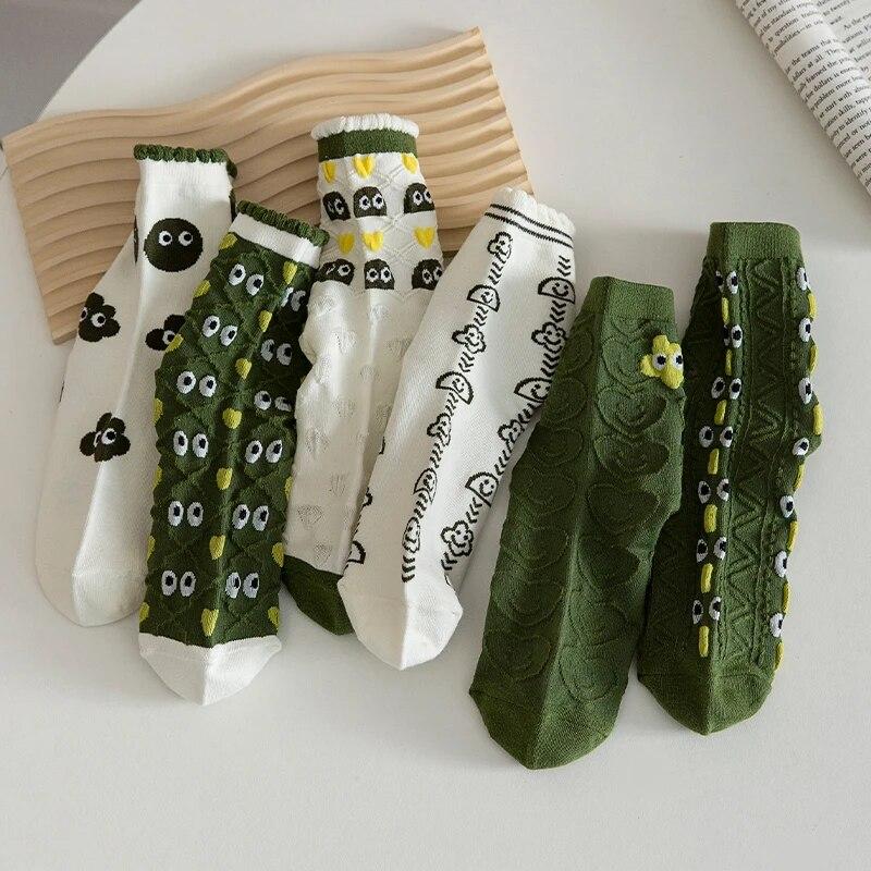 5 Pairs of Women's Spring and Summer Four-season Green Fun Eyes Personalized Cartoon Comfortable Mid-calf Socks