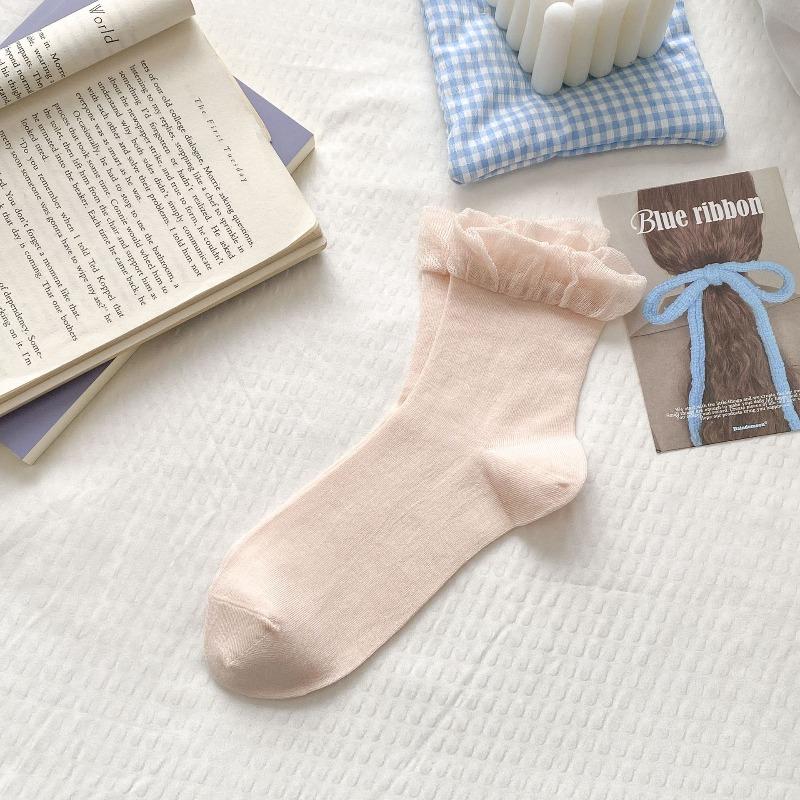 Silk Stockings for Children in Summer Style, Thin and Breathable Mid-calf Length, Mesh with Bubble-shaped Lace Trim.