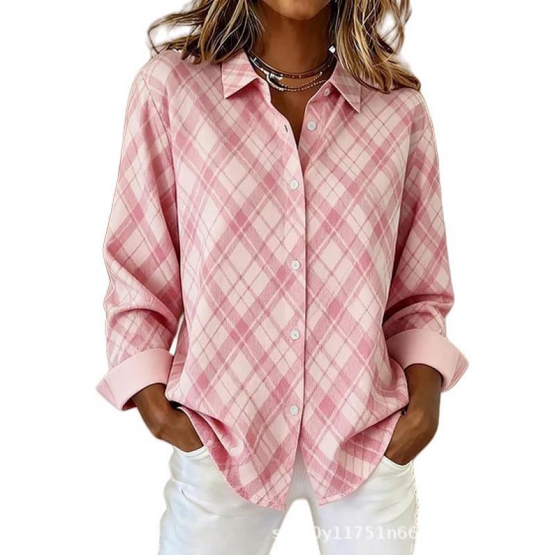 Women's Long-Sleeve Pink Floral Plaid Shirt - 3D Print Versatile Top