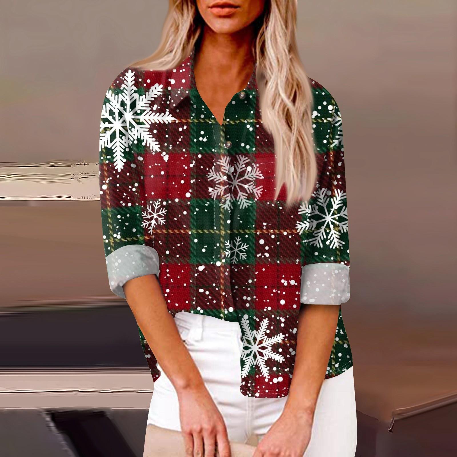Женская свободная повседневная рубашка с длинными рукавами и рождественским принтом