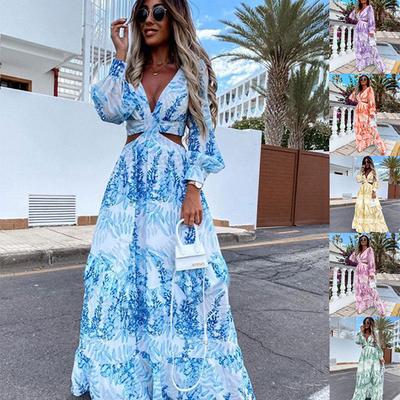 Vestidos de otoño para mujer, vestidos de manga larga con estampado bohemio a la moda, vestidos vintage con cuello en V y linterna, vestidos de fiesta de vacaciones