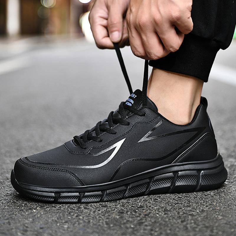 Casual leather shoes pure black shoes large size autumn waterproof and non-slip chef shoes