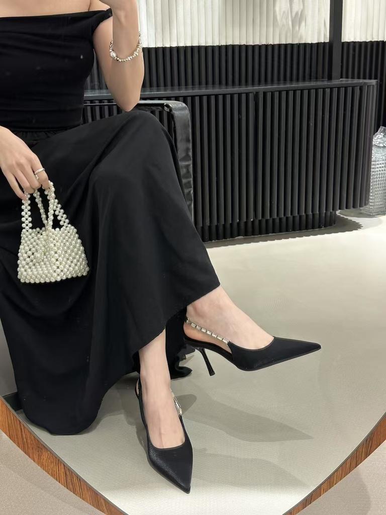 Naked pink pointed rhinestone high heels women's silver temperament bag head sandals thin heel empty shoes