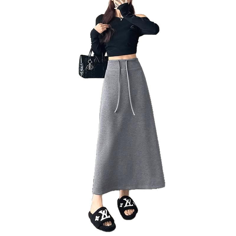 New 2025 Slimming Black High-Waisted A-Line Midi Skirt for Women - Early Autumn Versatile, Lazy Style