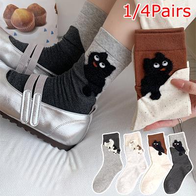 1/4 Paar Socken Vielseitig Plüsch Katzen-Print Bequem Einheitsgröße Atmungsaktiv Mid-Calf Socken Niedlich Mehrfarbig