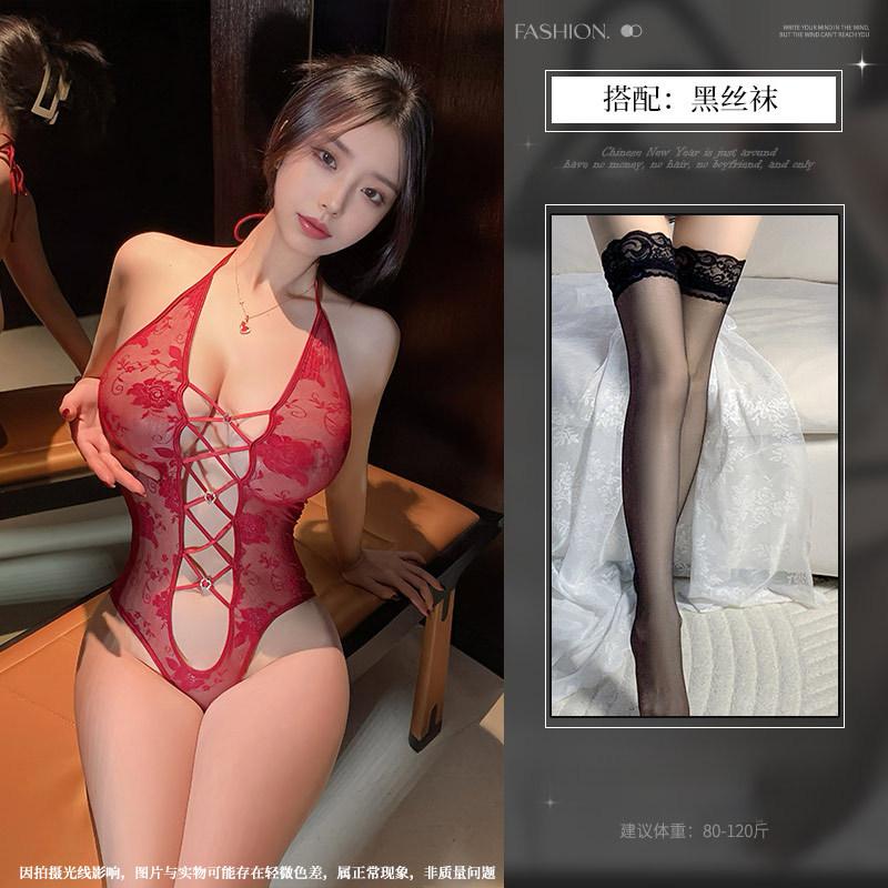 Neck onesie sexy free lace perspective waist tight lingerie women's temptation empty love