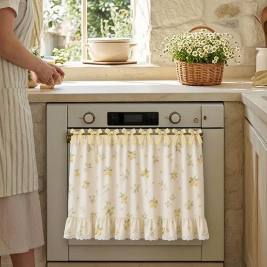 Oven Skirt with 7 Ribbon Ties Mushroom Flower Pumpkin Pattern Farmhouse Kitchen Decorative Cabinet Dishwasher Appliance Oven Curtain