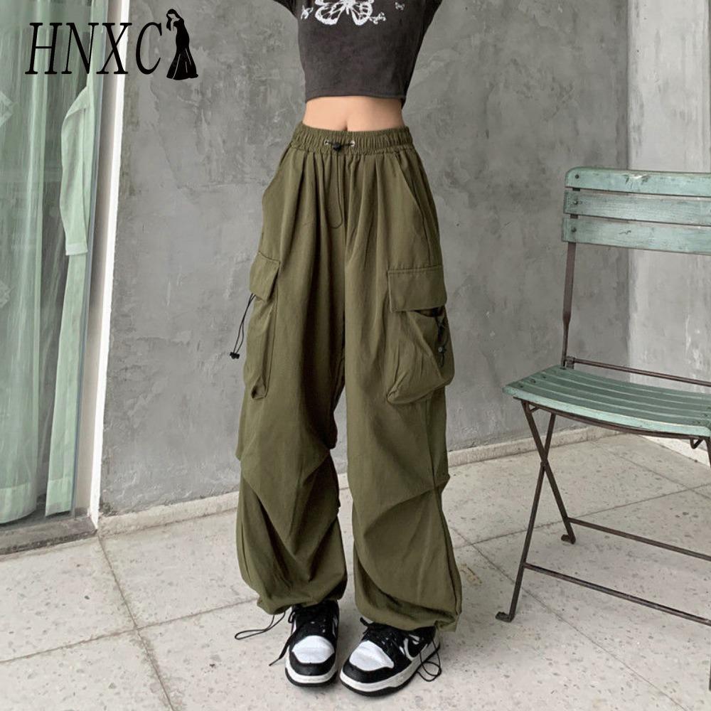 

HNXC Женские хип-хоп брюки карго, мешковатые, однотонные, с эластичной талией, свободные, дышащие женские брюки XL армия зеленый