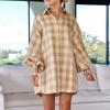 Women Spring Autumn Temperament Large Lapel Collar Plaid Shirt Loose Blouses Long Lantern Sleeve Cardigan S-XL