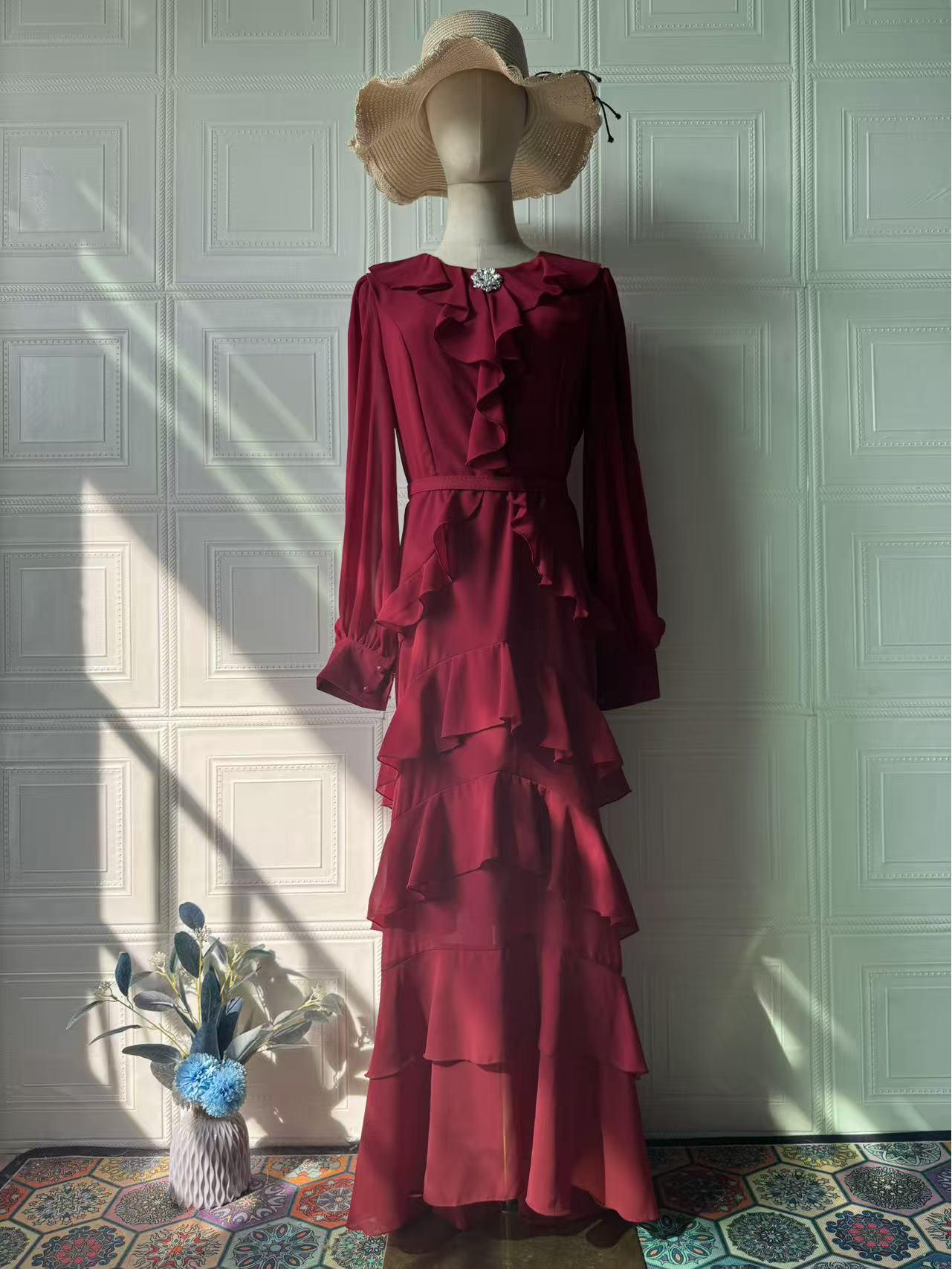 

Елегантна жіночна літня сукня з довгим рукавом, що підкреслює талію, для жінок 2025 XL червоний