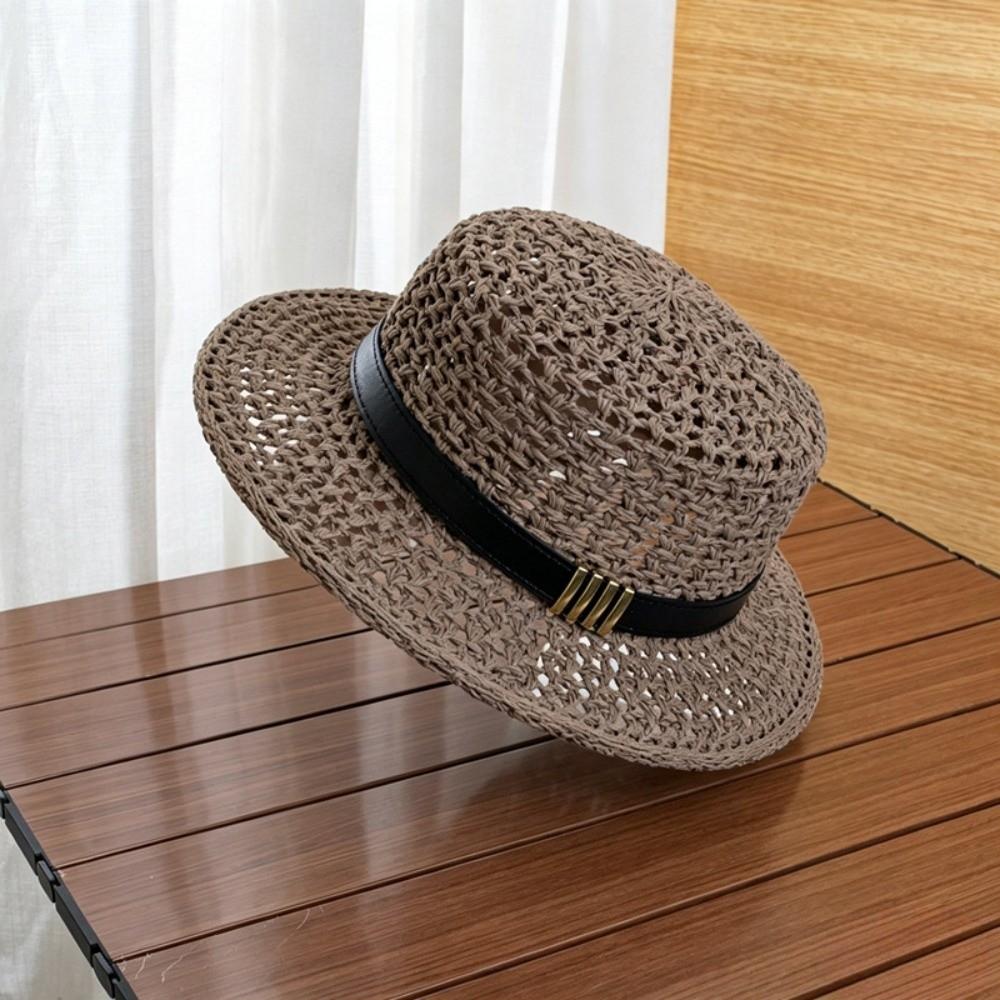 Breathable Mesh Handwoven Sun Cap Sun Protection Flat Top Beach Hat Summer Honeymoon