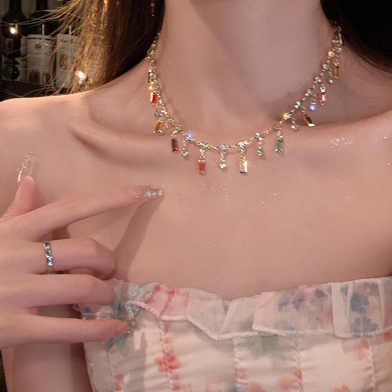 Trendy Bohemian Colorful Zircon Square Tassel Pendent Necklace for Women Fashion Simple Bead Chain Necklace Jewelry