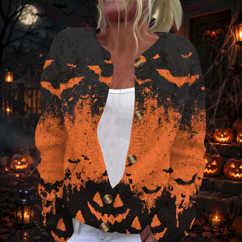 Dámský podzimní svetr s dlouhým rukávem, halloweenským potiskem a zapínáním na knoflíky pro sváteční nošení