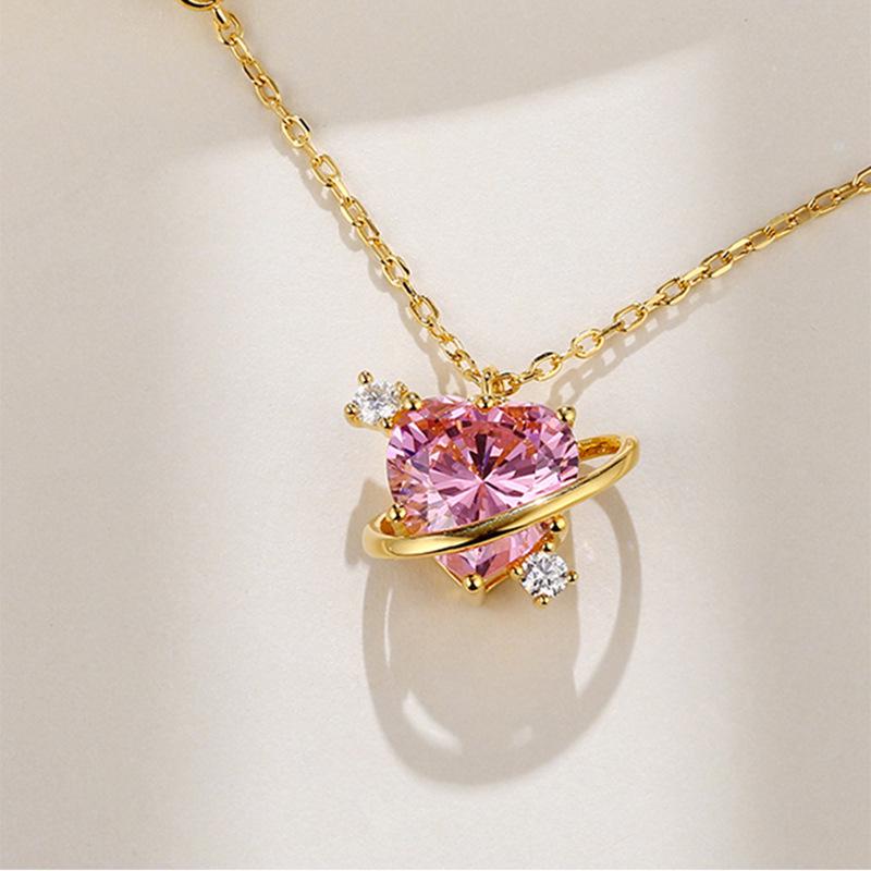Ocean Heart LOVE Pink Zircon Necklace: 18K Gold-Clad 925 Silver