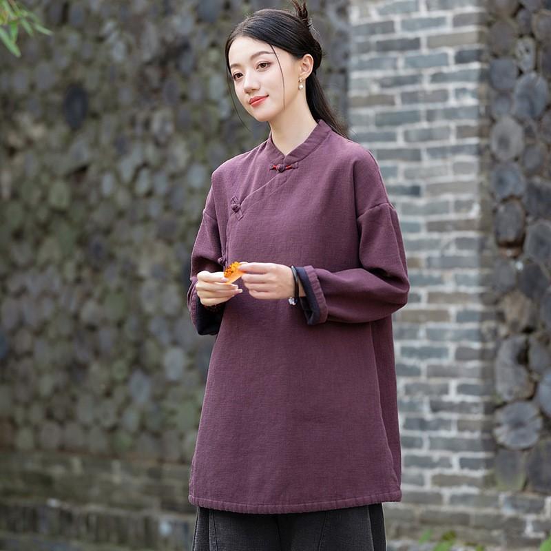 Johnature Women Chinese Style Stand Long Sleeve Plush Warm Winter Solid Color Button Tops