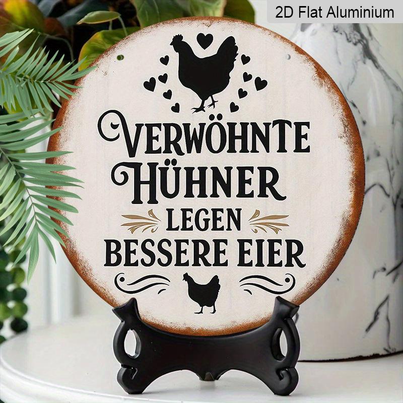 2D Flat, 1pc Vintage French Chicken Farmhouse Sign - Round German & French Phrase Metal Plaque with Rooster & Hen Silhouettes, "Hens Lay Eggs