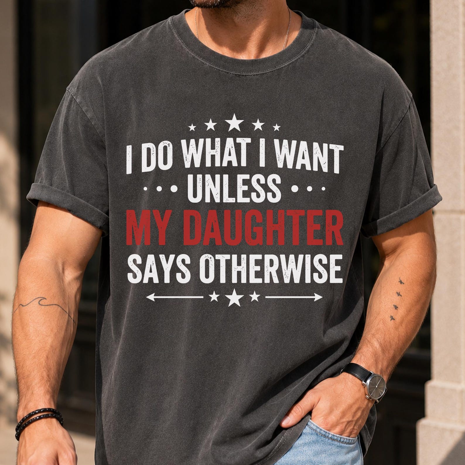 Girl Dad Shirt, Funny Daughter Dad T-Shirt, I Do What I Want Unless My Daughter Says Otherwise Tee, Father Daughter Fathers Day Gift L