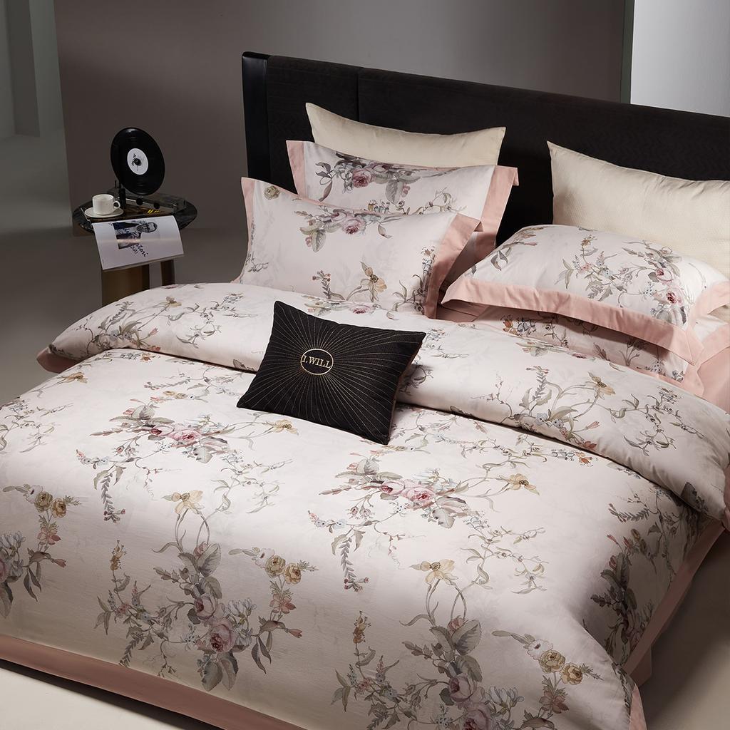 High-end High-Count Satin Cotton Double-Sided Thickened Warm Brushed Four-Piece Set - Ink Rhyme Flower Dyeing