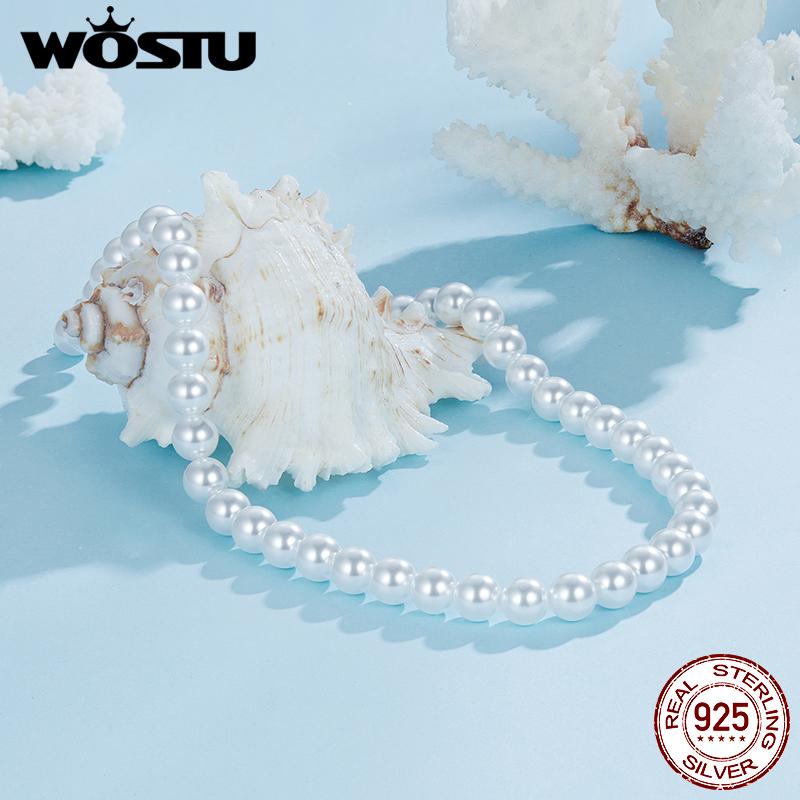 WOSTU Real 925 Sterling Silver Shell Pearl Neckalce For Women Wedding Jewelry Pearl Charm Links Elegant Gift For Mom 5 8 Mm