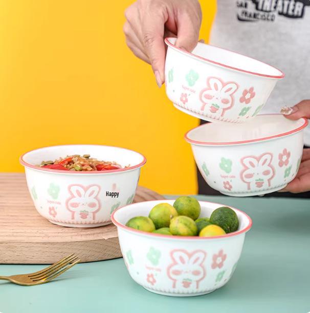 4-Piece Pink Rabbit Ceramic Tableware Set for Couples with Bowls, Plates, and Chopsticks.