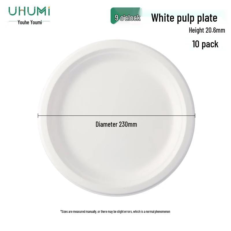 Youhe Youmi 9-inch Round White Bagasse Disposable Plates, 10 Pack