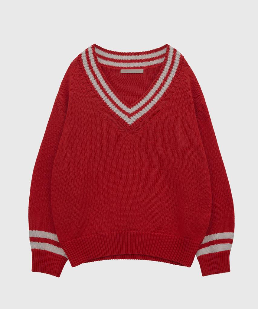 Kwinseulaebis Two Line Accentuated Loose Fit V-Neck Cotton Knit