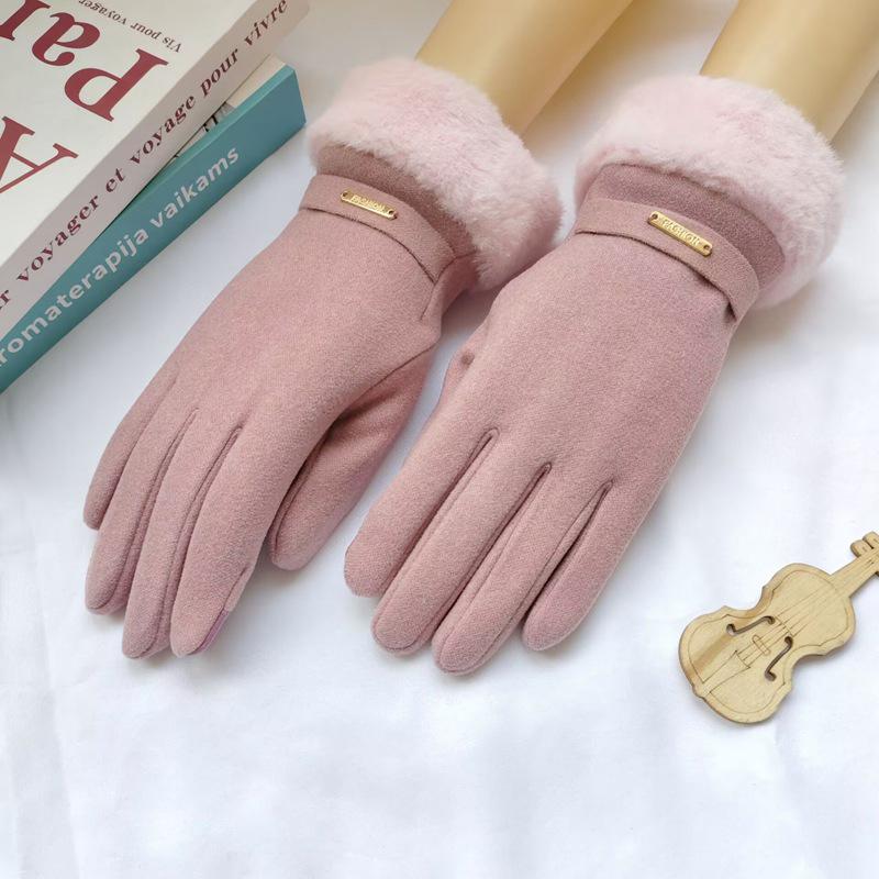 Autumn Winter Warm Suede Gloves Plus Velvet Thickened Plush Decor Cuff Gloves Outdoor Coldproof Touchscreen Riding Ski Gloves
