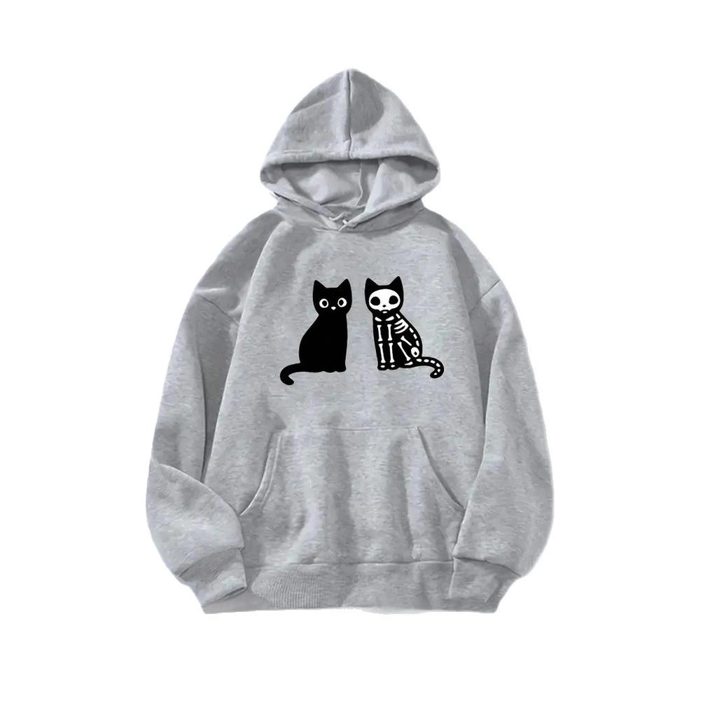 Ladies Spring Autumn Casual Hooded Long Sleeve Big Pocket Halloween Skull Cat Printed Pullover Hoodies Sweatshirt Top