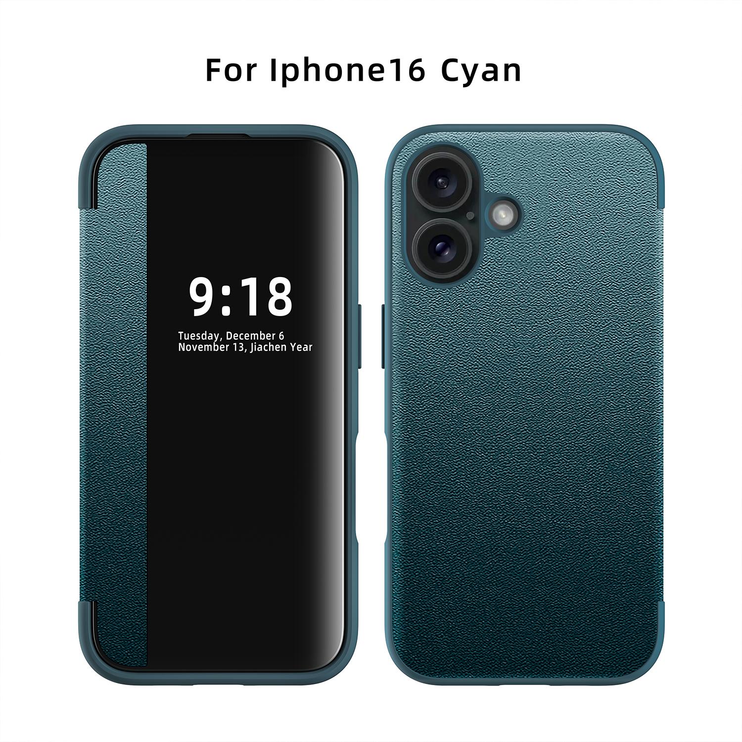 Чехол-книжка из кожи Business Smart View для iPhone 16 15 14 13 12 11 Pro X XS XR Max 8 7 Plus SE, защита объектива, противоударный чехол For iPhone 16 темно-зеленого