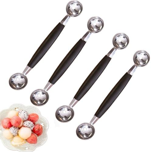 BOJIDO Commercial Stainless Steel Double-Headed Fruit Scoop (Set of 4) for Melon, Watermelon, and Ice Cream Scoops, Durable Restaurant Kitchen Utensil