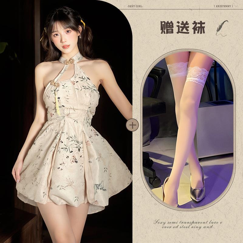 Sexy Underwear, National Color and Natural Fragrance, High Slits and Buttocks, New Chinese-style Printed Disc-buckled Cheongsam, Sexy Uniform