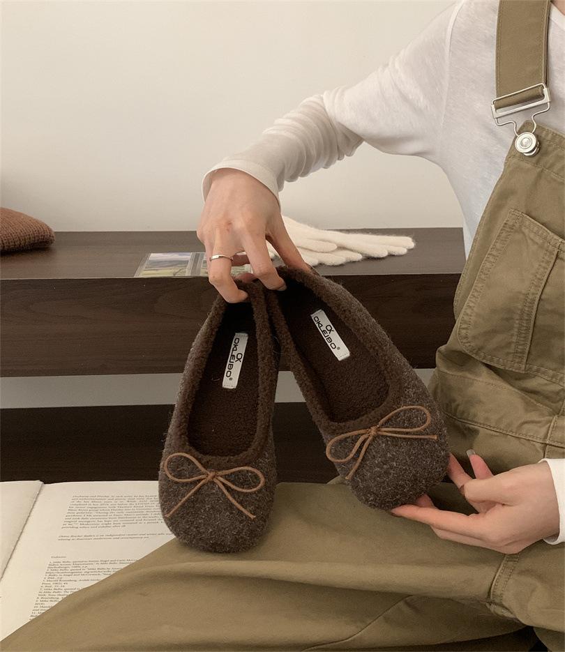 Sweet Bow Fluffy Shoes for Women's Outer Wear 2025 Autumn and Winter New Flat Bottom, Light, Comfortable and Warm Mary Jane Cotton Shoes