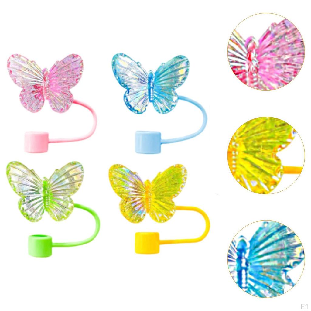 4 Pack of Drinking Straw Caps for 10mm Straws, Butterfly Design, Silicone Toppers