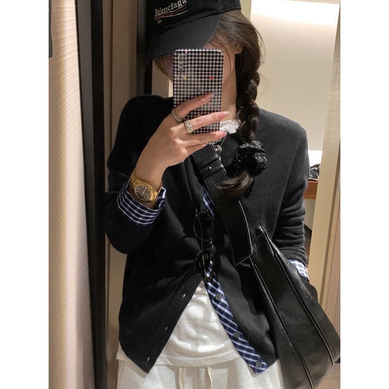 Design sense splicing plaid sweater women's spring new large size wear thin round neck knitted cardigan