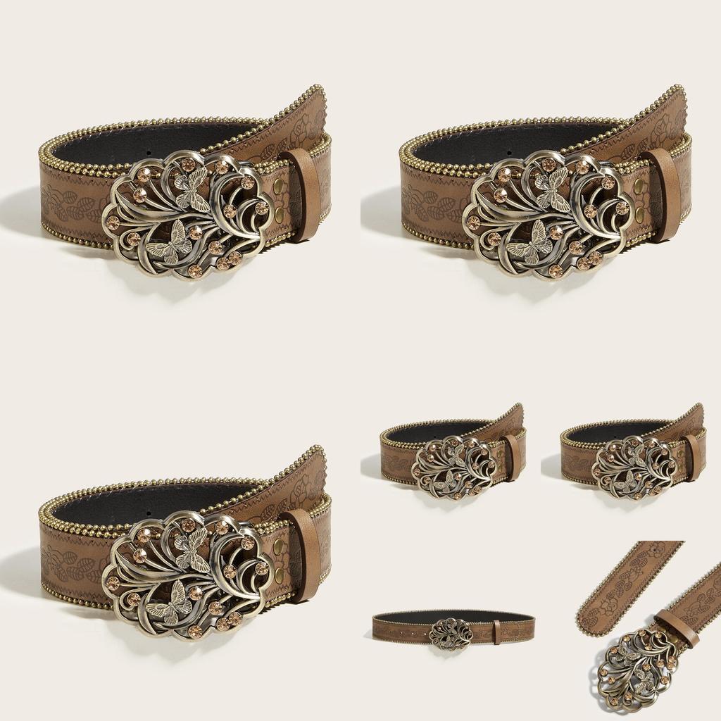 Vintage Punk Pu Leather Belt With With Butterfly Design And Rhinestone Decor For Teen Casual Wear