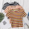 Women's Rainbow Striped Cropped Short Sleeve Top, Hyuna Style, Tight Fit, High Waist, Belly Button Show
