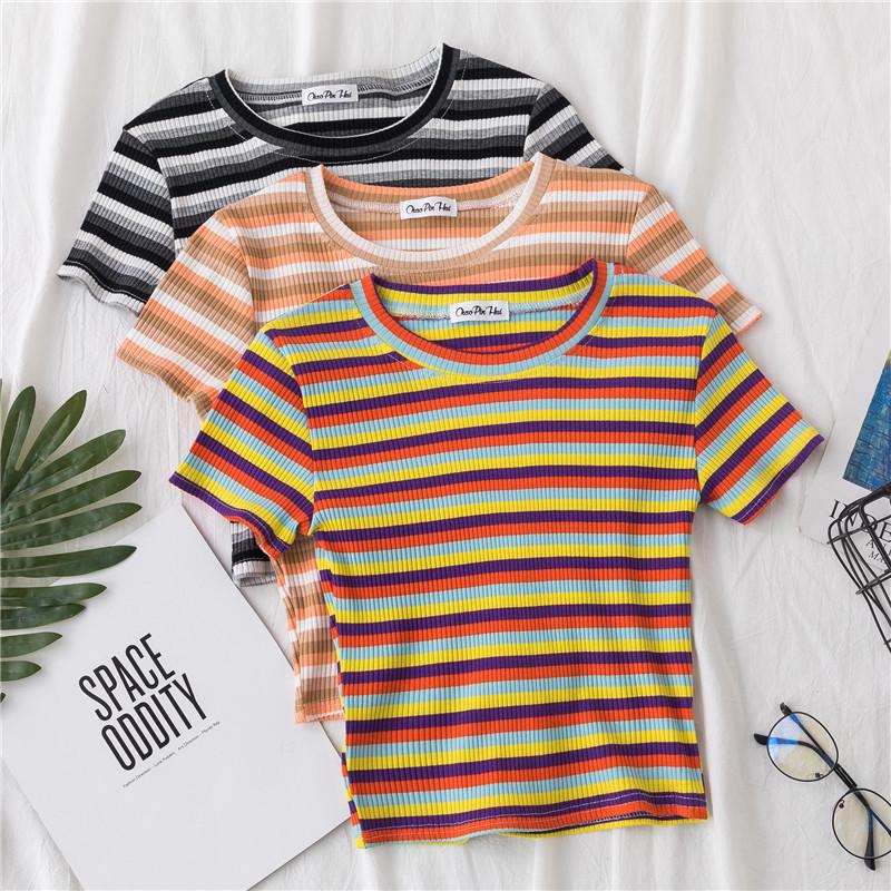 Women's Rainbow Striped Cropped Short Sleeve Top, Hyuna Style, Tight Fit, High Waist, Belly Button Show