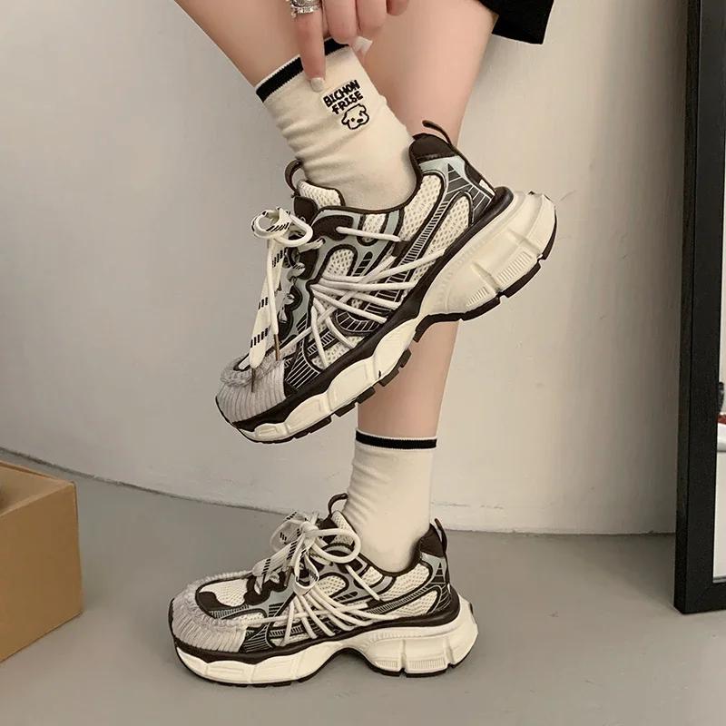 NEW Mid Heel Pumps Women's Mesh Shoes Comfy High Brand Summer Lace Up Chunky Sneaker Casual Shoes