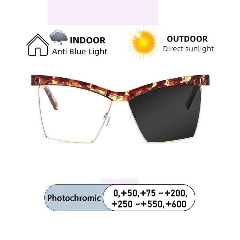 Square Eyebrow Frame Hyperopia Eyewear Photochromic Anti Blue Light Computer Women Reading Glasses 0 to +600