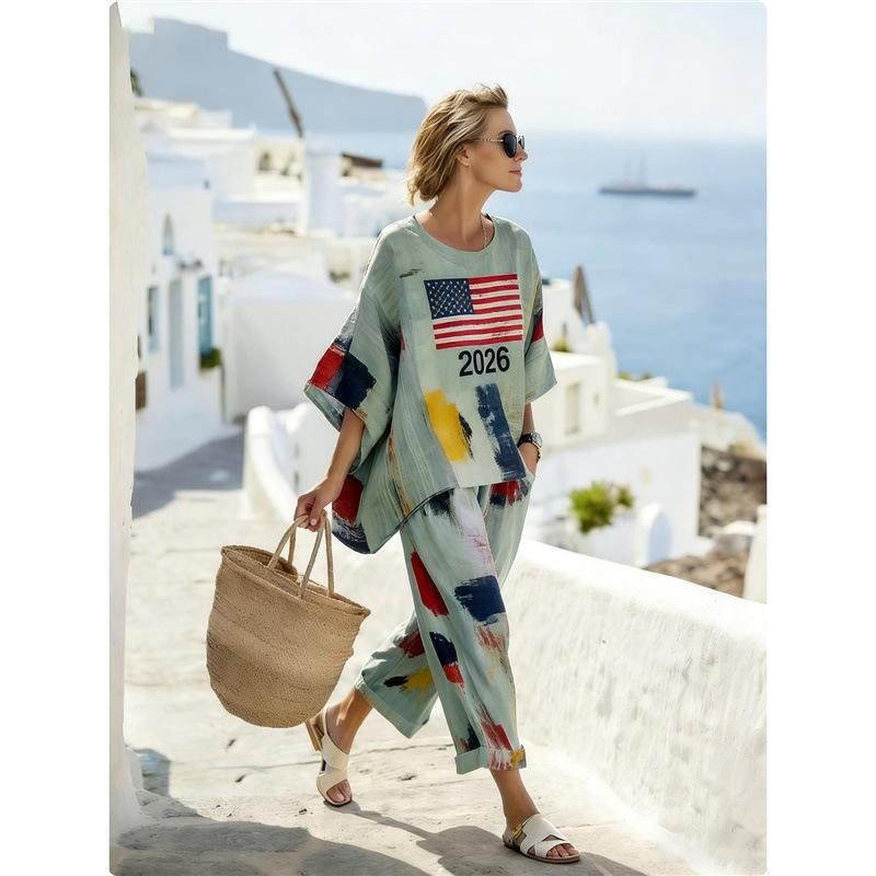 1116 European and American Bohemian Style Printing Suit Women's Loose Casual Shirt Wide-leg Pants Two-piece Set New