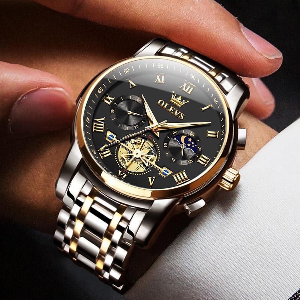 OLEVS Men's Stylish Chronograph Watch Business Analog Waterproof Quartz Gold/Black